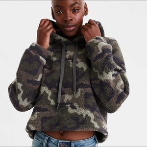 Fashion Nova Camo Fuzzy Crop Sweatshirt